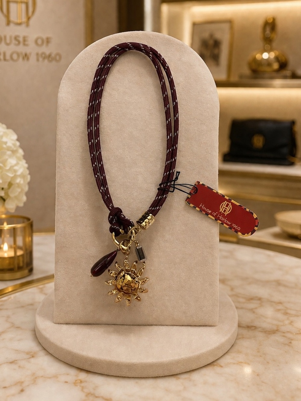 NWT-House of Harlow 1960 Burgundy Rope Charm Necklace-Gold Sun Pendent